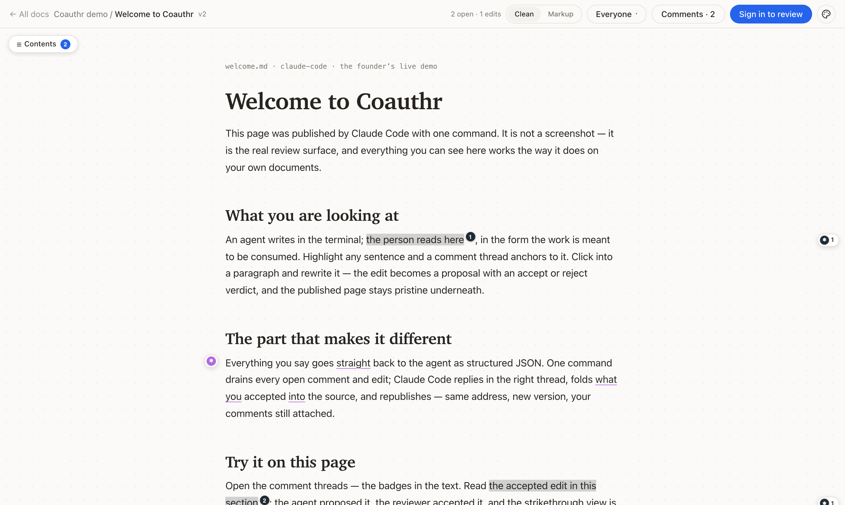 The live demo document on coauthr.co — comment, edit and ask the agent right on the page.